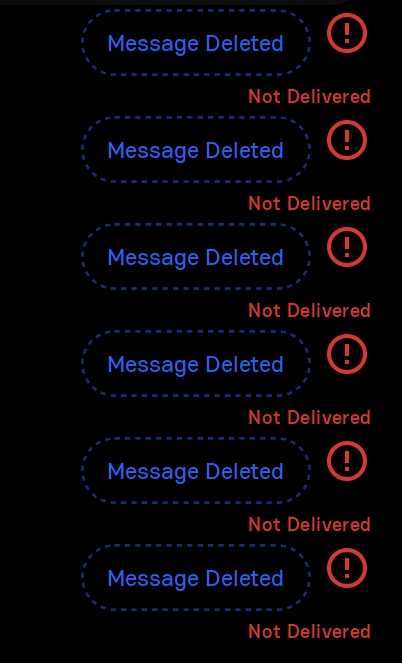 A few "Message Deleted" messages in Beeper but with indicators of "Not Delivered" with a red warning sign next to each deleted messages.