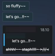 Chat messages with playful text: "so fluffy~~ let's go...!!~~" followed by "ahh!!~~ staph!!!! >///<".