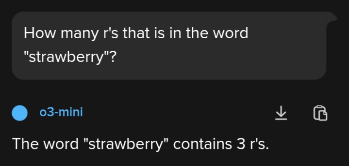 A conversation in DuckDuckGo AI Chat with the o3 mini model from OpenAI starting with "How many r's that is in the word 'strawberry'?" The model responds with "The word strawberry contains three r's."