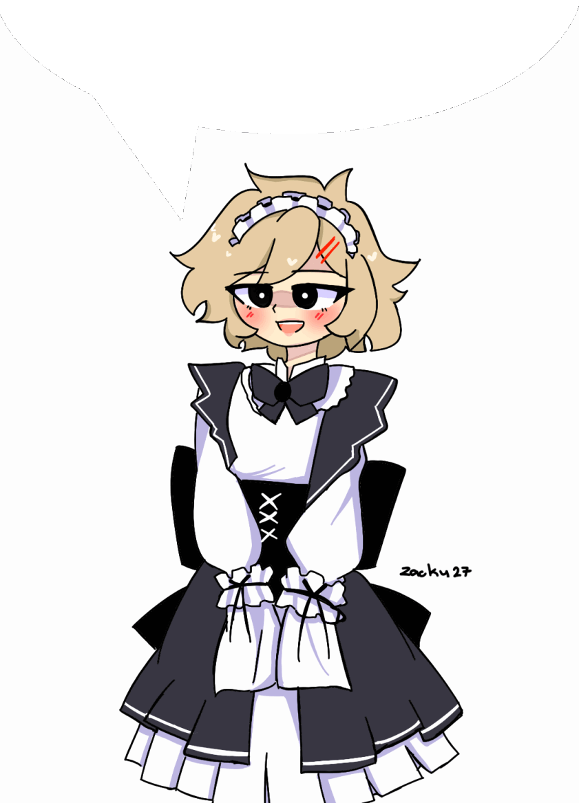 A person in a maid outfit along with a speech bubble cutout to accompany the nonsense entry text above