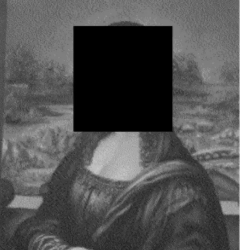 A photograph of the Mona Lisa painting but with the face being redacted with a black rectangle; it is assumed that the photograph in question had a face of a victim which resulted in the redaction