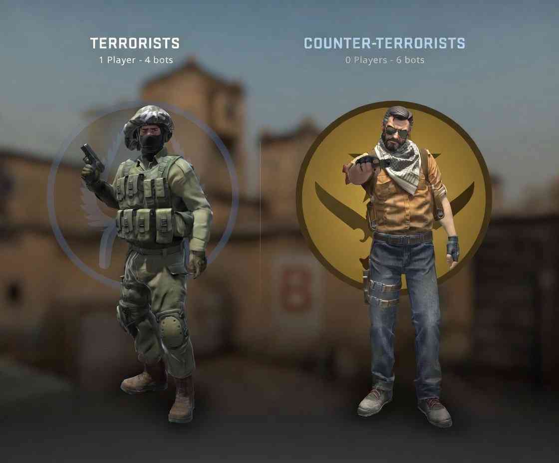CounterStrike: Global Offense screenshot with two types of characters, "TERRORISTS" with 1 Player - 4 bots, and "COUNTER-TERRORISTS" with 0 Players - 6 bots; the difference is that the terrorist character has a military outfit while the counter-terrorist character has a more (ironic) terrorist outfit