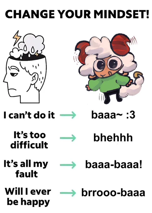 An infographic with the title "CHANGE YOUR MINDSET!" with the mappings for changing your mindset:

I can’t do it → baaa~ :3
It’s too difficult → bhehhh
It’s all my fault → baaa-baaa!
Will I ever be happy → brrooo-baaa