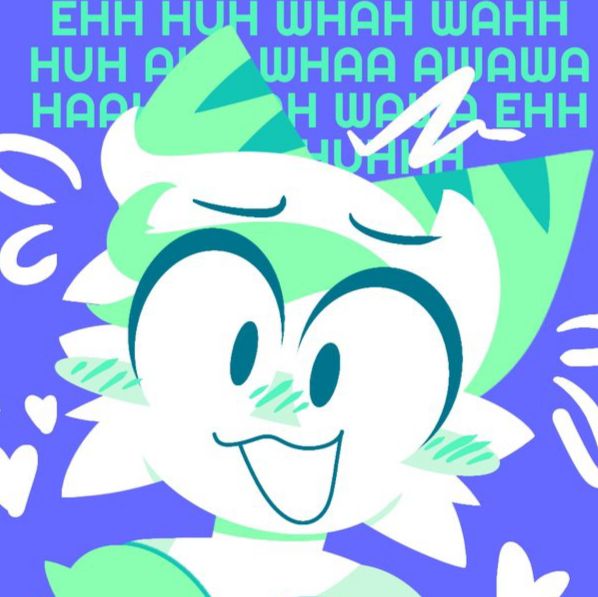 Artifyber's drawing of one of her characters being flattered with the text "EHH HUH WHAH WAHH HUH A[...] WHAA AWAWA HAAH [...]H WAWA EHH [...]HUHHH"