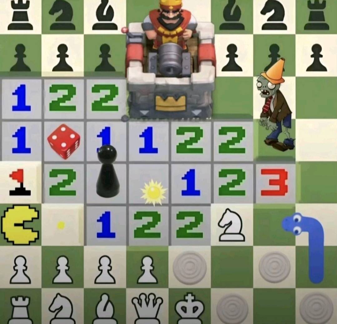 A mismash of chess, minesweeper, Clash Royale, Plants vs. Zombies, Pac-Man, snake, and other elements such as a dice and a 3D-looking pawn, and some round disks in the bottom right corner