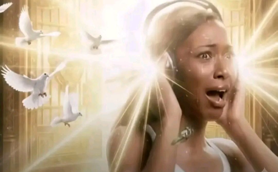 An image of a woman wearing headphones in awe with the background being an open door revealing heavenly lights along with pigeons at the sides, generated by Google Gemini and cropped slightly
