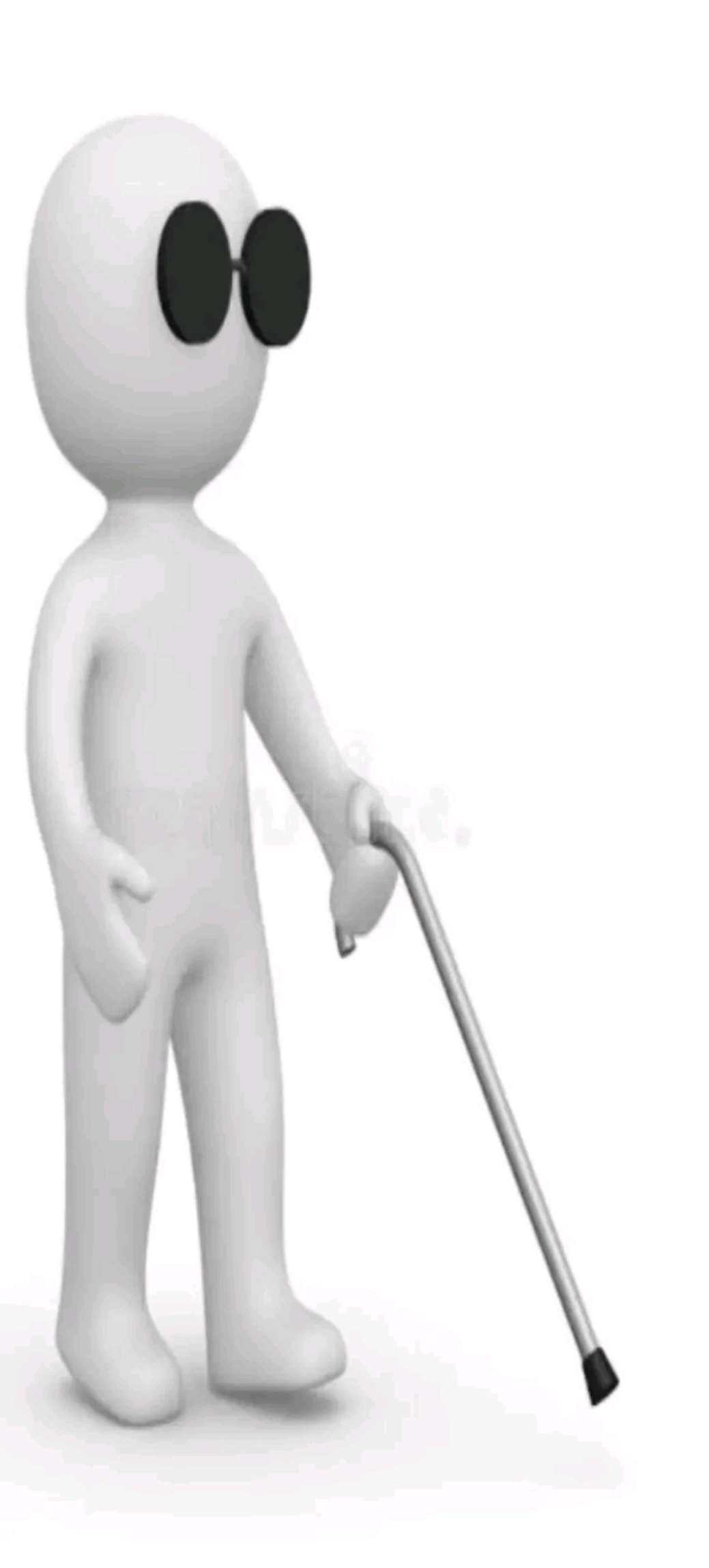 A white humanoid character wearing sunglasses and using a cane to walk. The image is slightly stretched vertically.