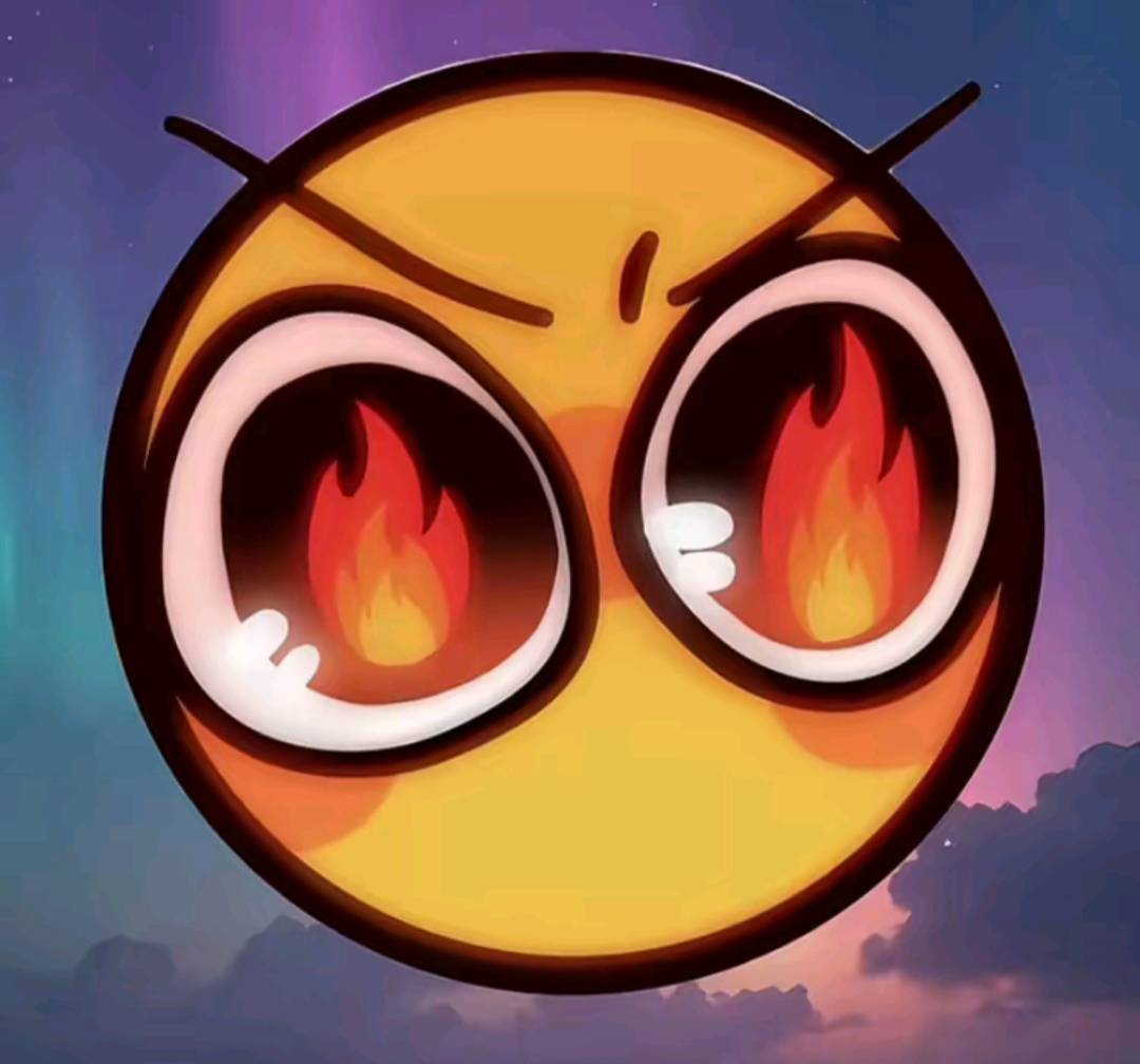 An emoji face with large eyes reflecting fire with the background being the sky with aurora.