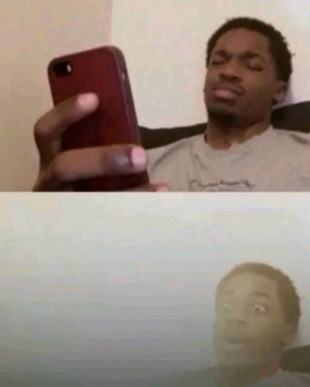 A two panel meme with the first panel being a man using his phone, and the second panel showing an 'explosion' from the phone with the man being shocked