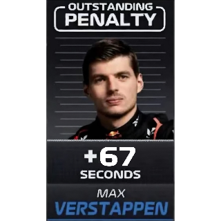 Max Verstappen being on display with the text "OUTSTANDING PENALTY" along with "+67 SECONDS" with his name below