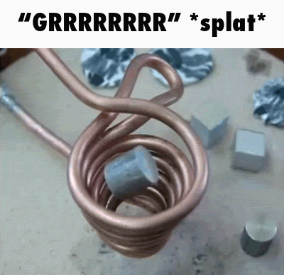A metal cylinder being dropped inside a thick metal coil, floating and heating up until it gets orange, and then falls down onto the floor and splat