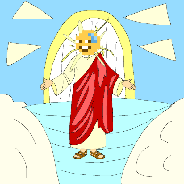 A drawing of Jesus in heaven but with his face replaced with the sweatsmile emoji from Fancade