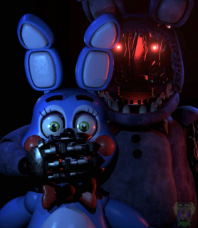 A withered Freddy covering the mouth of Bonnie
