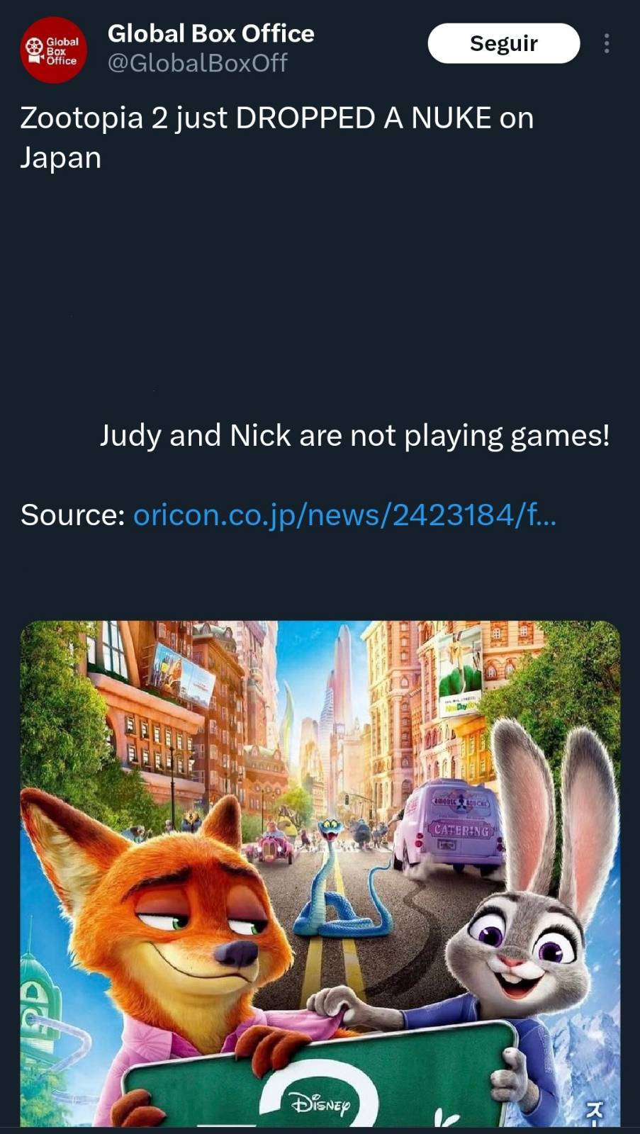 Post on X from @GlobalBoxOff with the post saying "Zootopia 2 just DROPPED A NUKE on Japan [...] Judy and Nick are not playing games! Source: oricon.co.jp/news/2423184/f..." along with a promotional image of Zootopia 2 (Japan) below