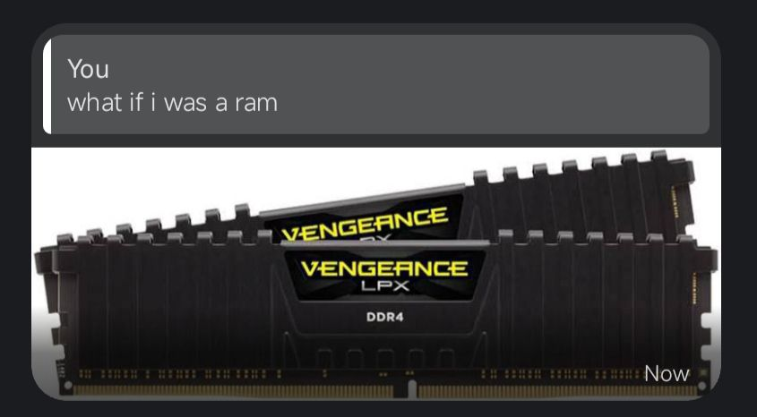 A reply on Signal to the message "what if i was a ram" with an image of RAM sticks
