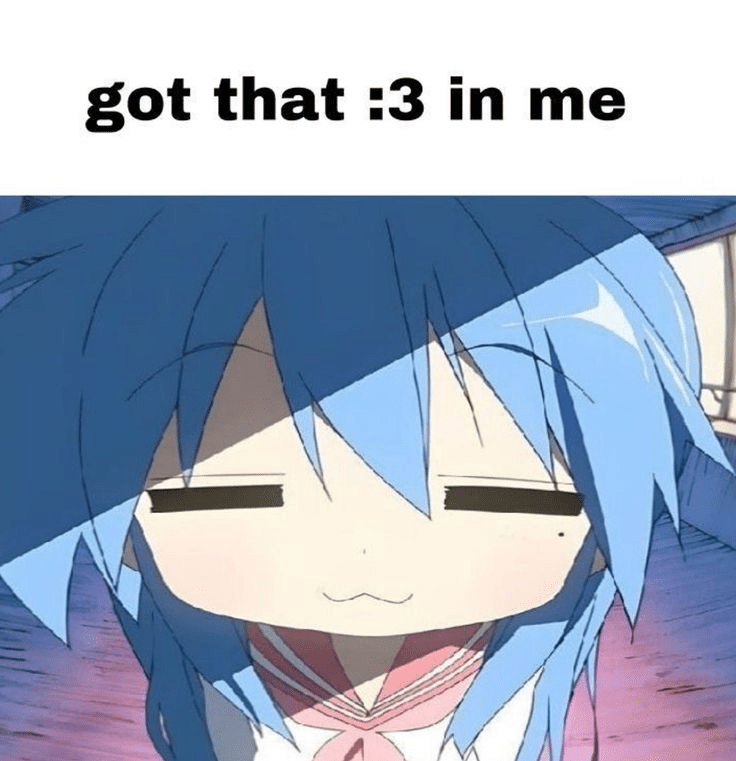 Anime character having the :3 face with the caption "got that :3 in me"