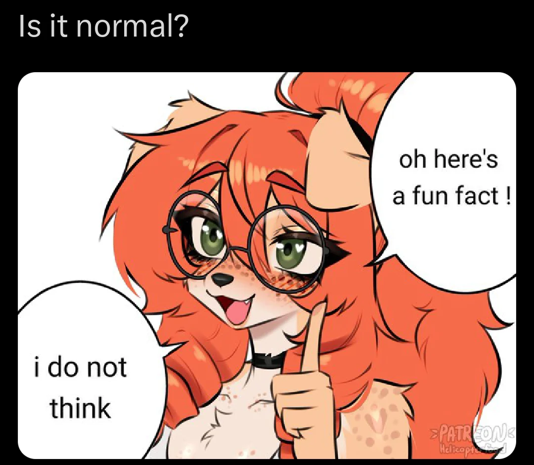 A screenshot of a cropped post from X with the caption "Is it normal?" along with an artwork of a puppy girl pointing out "oh here's a fun fact !" "i do not think", with the artwork made by Helicopterfood on Patreon
