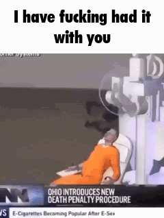 A basic 3D animation displaying "OHIO INTRODUCES NEW DEATH PENALTY PROCEDURE" with the a person being seated while the machine in the background sounds out a sound wave with a claw twisting and pulling the head away from the body